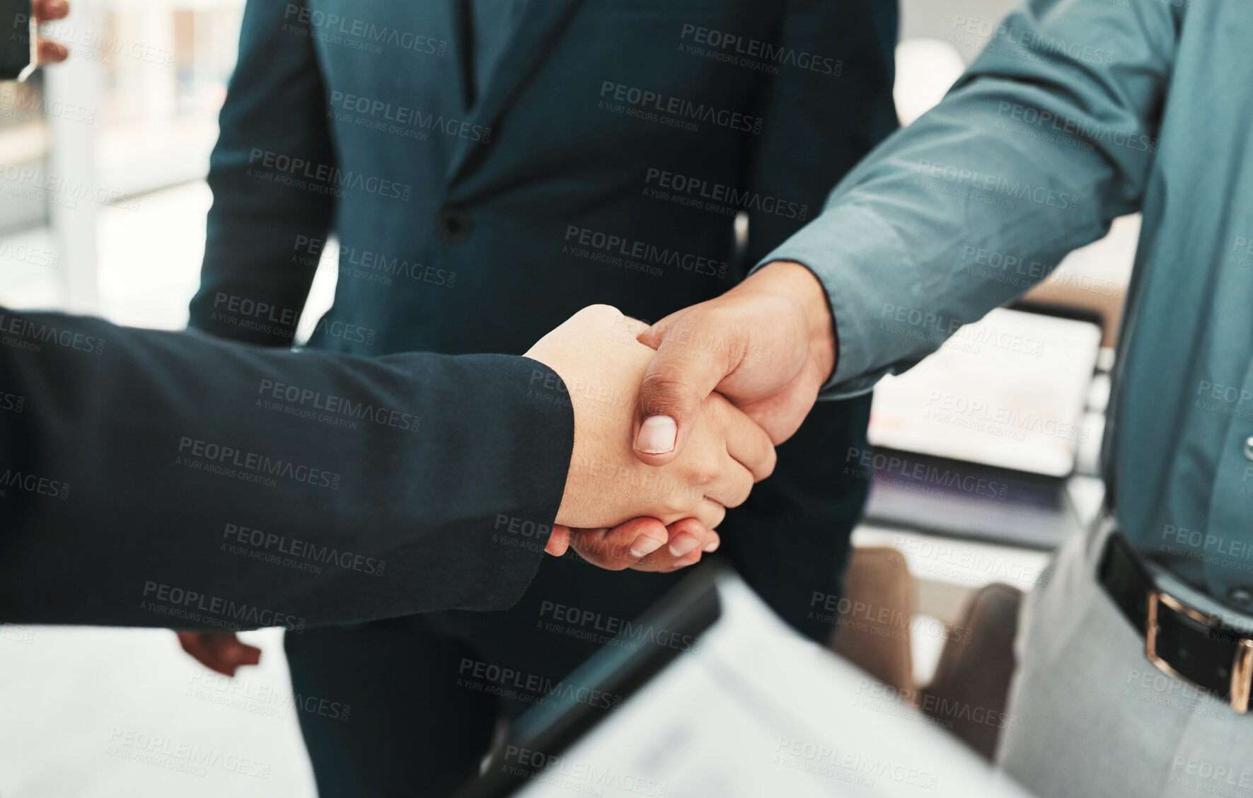Buy stock photo Handshake, business partnership and agreement closeup, collaboration or b2b welcome, thank you and clients meeting. People shaking hands in job interview, career promotion or hiring deal with success