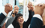 Teamwork, partnership and happy business people holding hands in support of vision, growth or training in office. Team building, group and hand unity in motivation, collaboration or corporate startup