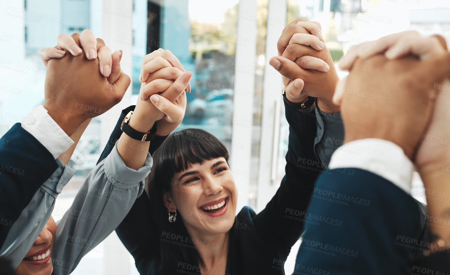 Buy stock photo Teamwork, partnership and happy business people holding hands in support of vision, growth or training in office. Team building, group and hand unity in motivation, collaboration or corporate startup