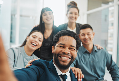 Buy stock photo Selfie, portrait and business people smile for photo, profile picture or social media homepage update. Team, face and friends relax, happy or pose for pictures while having fun and bonding in office