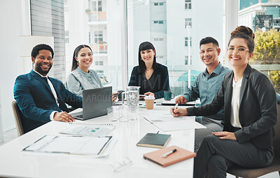 Buy stock photo Happy, portrait and business people in meeting in office for planning, brainstorm and problem solving. Team, face and collaboration by group with diversity, idea and motivation for startup goal plan