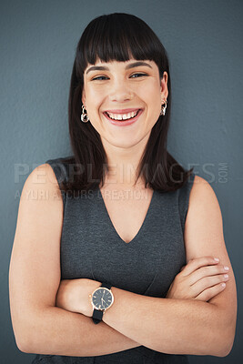 Buy stock photo Portrait, arms crossed and smile of business woman in office with vision, mission and success mindset. Face, boss and happy, confident and proud female entrepreneur from Canada smiling in company.