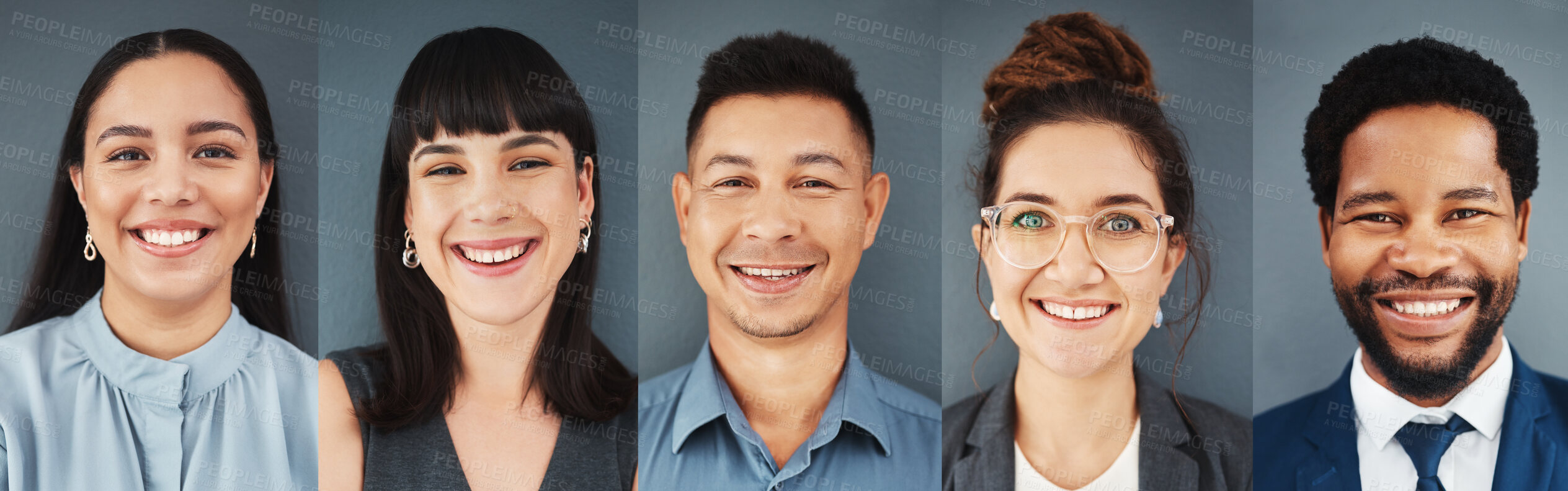 Buy stock photo Collage, portrait and face of business people with smile, professional group and headshot on studio background. Diversity, employees and composite of happy corporate teamwork, global company or trust