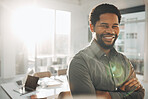 Business, portrait and smile of black man with arms crossed in office for vision, mission or success mindset. Ceo, boss and happy, confident or proud male entrepreneur from Nigeria with company goals