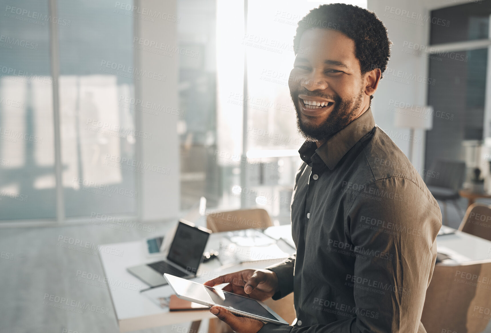 Business, portrait and smile of black man with tablet in office for  research, internet browsing or web scrolling. Ceo, boss and happy male  entrepreneur with technology laughing at meme in company. |