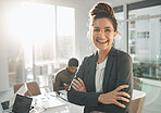 Portrait of happy business woman in office management, company vision and excited career opportunity, goals and leadership. Professional worker or person proud for workflow, mission and job integrity