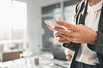 Business woman hands, phone text and mockup with a female employee on a mobile app. Office, corporate staff and online chat of a financial analytics worker on a cellphone reading website content