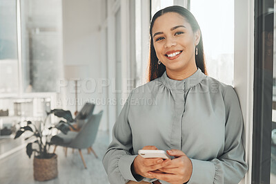 Buy stock photo Portrait, phone and face with a business black woman in her office, sending a text message for communication. Smile, mobile and contact with a happy female employee networking or texting at work