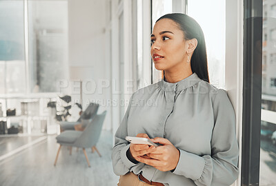 Buy stock photo Business woman, thinking and phone in a corporate law firm with lawyer ideas for work. Modern office, Indian female and mobile of a employee with workplace vision and digital transformation ideas