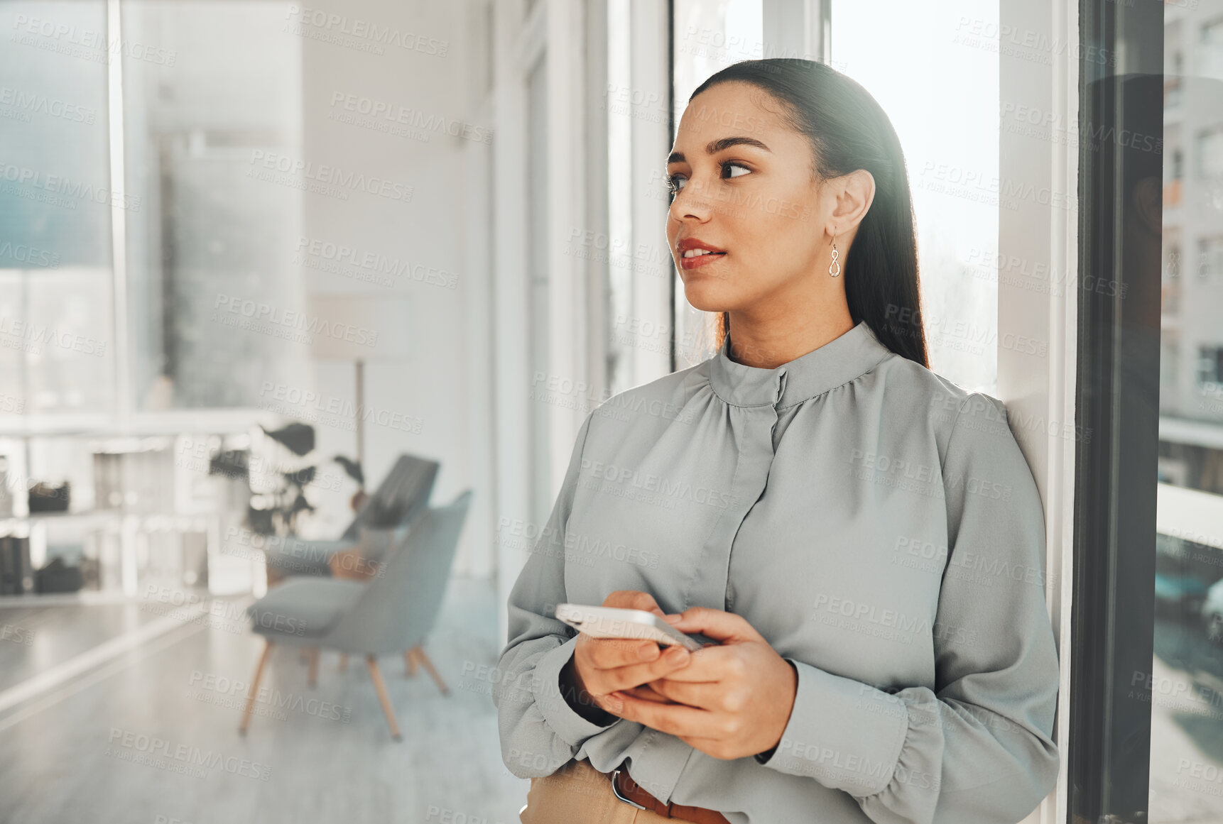 Buy stock photo Business woman, thinking and phone in a corporate law firm with lawyer ideas for work. Modern office, Indian female and mobile of a employee with workplace vision and digital transformation ideas