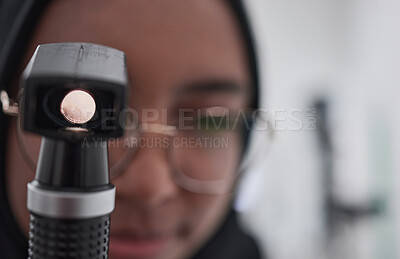 Buy stock photo Eye exam, consulting and medical with muslim woman optometry tool for healthcare, vision and microscope for you. Ophthalmology, wellness and glaucoma test with girl and retinoscope for treatment