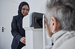 Optometrist, muslim woman and testing eyesight health in optometry lab with optical machine indoors. Senior patient in eye clinic, person at appointment to scan diagnosis and ophthalmologist working