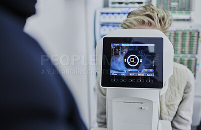 Buy stock photo Optometry, digital screen for eye exam and woman with machine for vision test, eyesight and optical assessment. Healthcare, ophthalmology and optometrist with patient in medical camera for eyes scan