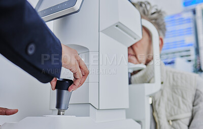 Buy stock photo Ophthalmology, medical and eye exam with patient and doctor for healthcare, vision or consulting. Technology, medicine and optometry with senior woman and retinal screening for optician and treatment