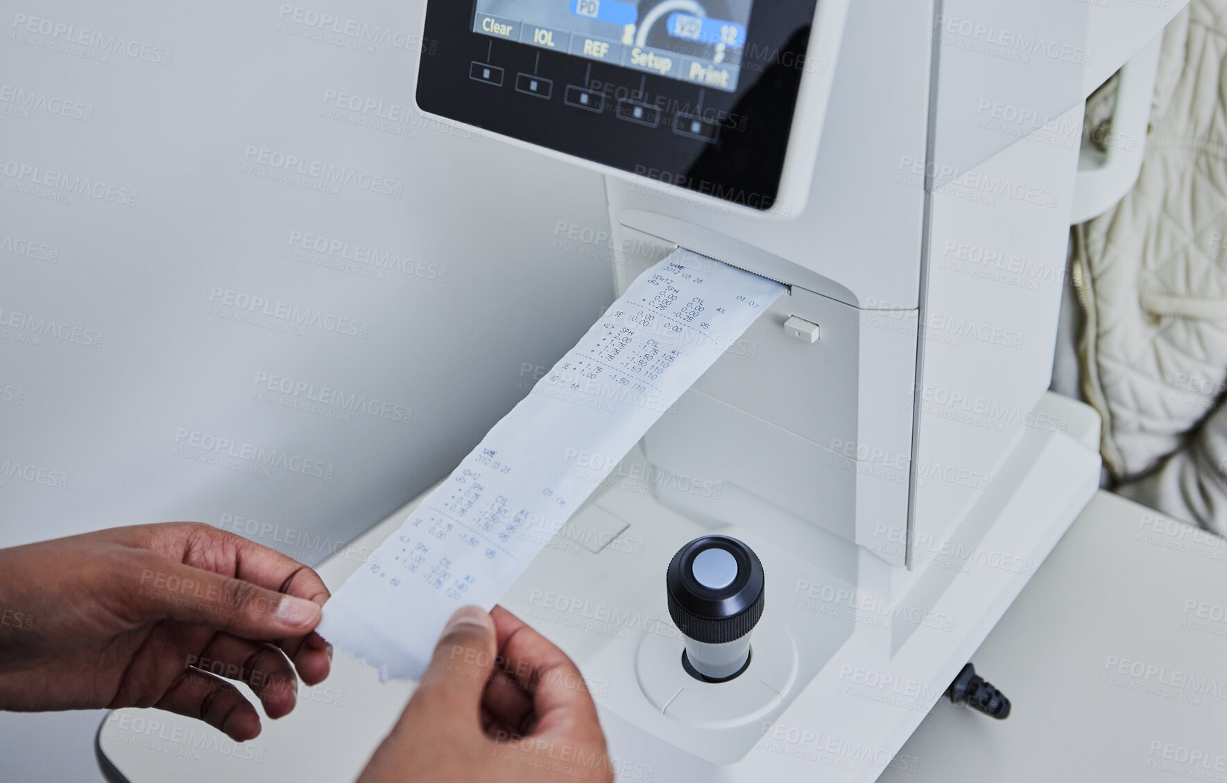 Buy stock photo Ophthalmology, healthcare and printing with hands of person and machine for medical, information or eye care. Lens, medicine and technology with expert and lensmeter for diagnostic, test or optometry