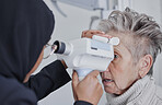 Optometrist, eye test and senior woman patient in healthcare checkup for sight or vision at optometry clinic. Female optician checking eyes of elderly customer in examination for visual aid or help