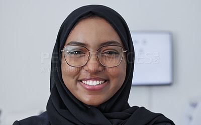 Buy stock photo Hijab, muslim woman smile and portrait in a consulting doctor office ready for eye test with chart. Healthcare, eyes wellness and proud clinic worker face from company vision and job success 