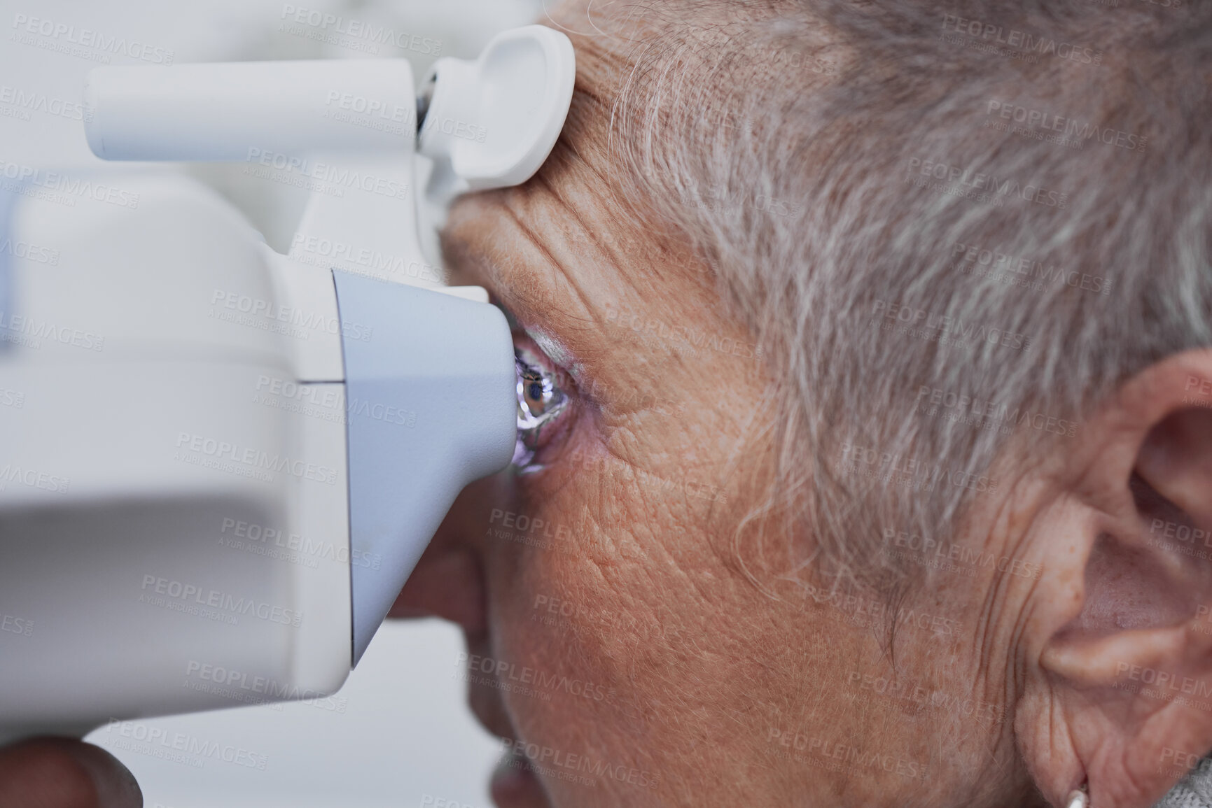 Buy stock photo Optometry, eye exam and medical with old woman and consulting for healthcare, vision or glaucoma. Ophthalmology, prescription and technology with senior patient and machine for test, check or results