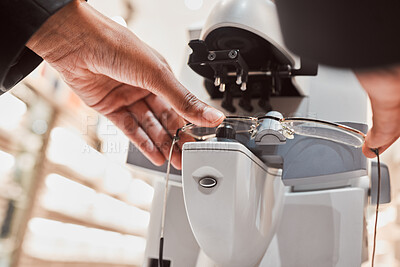 Buy stock photo Hands, glasses and vision with an optometrist working in a clinic to configure frame prescription lenses. Healthcare, blind and eyewear with an optician at work to improve eyesight with spectacles