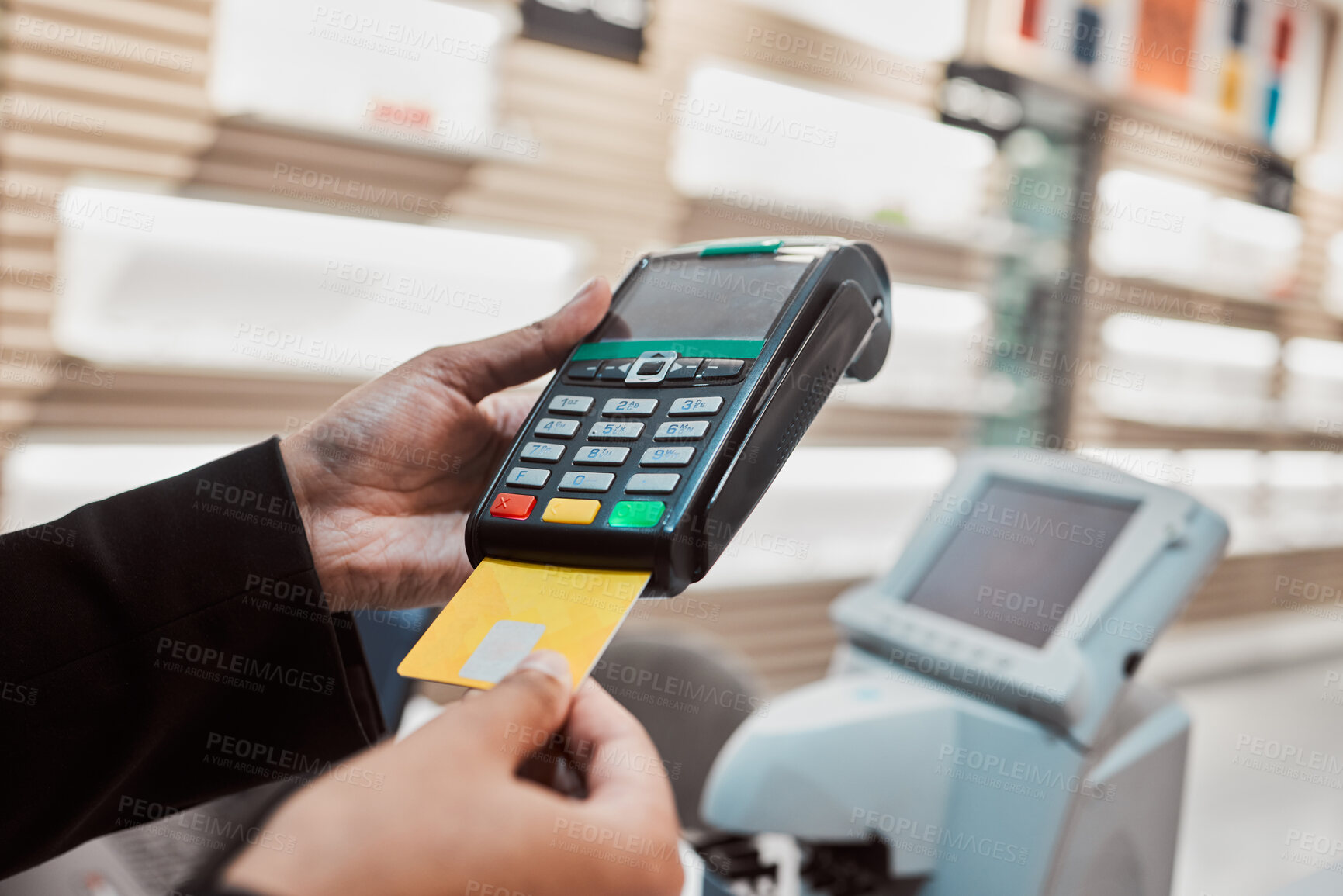 Buy stock photo Hands, credit card and machine for banking transaction, ecommerce or payment at clinical store. Hand of customer making purchase or debit insert for electronic pay, bank or buying at optometry shop