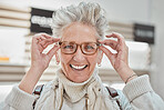 Eye care, senior woman and glasses portrait of a patient shopping for vision lens or frame. Happy customer with a smile for decision on optometry product choice for eyes and wellness in optics store