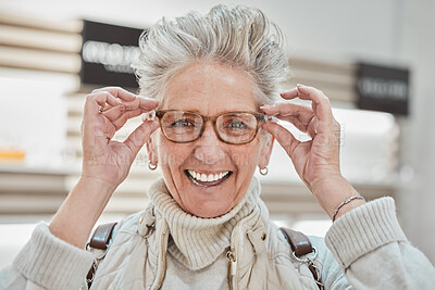 Buy stock photo Eye care, senior woman and glasses portrait of a patient shopping for vision lens or frame. Happy customer with a smile for decision on optometry product choice for eyes and wellness in optics store