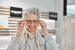 Glasses, senior woman and eye care portrait of a patient shopping for vision lens or frame in optics shop. Happy customer person with smile for decision on optometry product choice for health of eyes