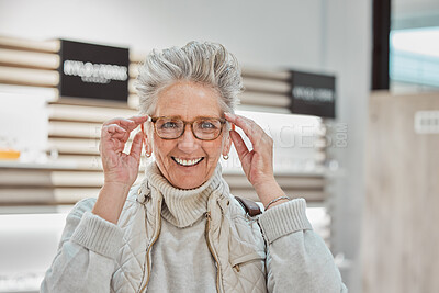 Buy stock photo Glasses, senior woman and eye care portrait of a patient shopping for vision lens or frame in optics shop. Happy customer person with smile for decision on optometry product choice for health of eyes