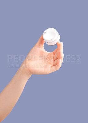 Buy stock photo Skincare, hands and cream container in studio isolated on a purple background for hydration. Cosmetics, dermatology and woman or female model with lotion, creme or moisturizer for beauty aesthetics.