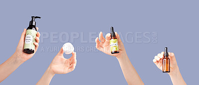 Buy stock photo Skincare products, model hands and essential oil bottles for dermatology and cosmetics. Studio beauty, wellness and self care with hyaluronic acid for collagen production with purple background