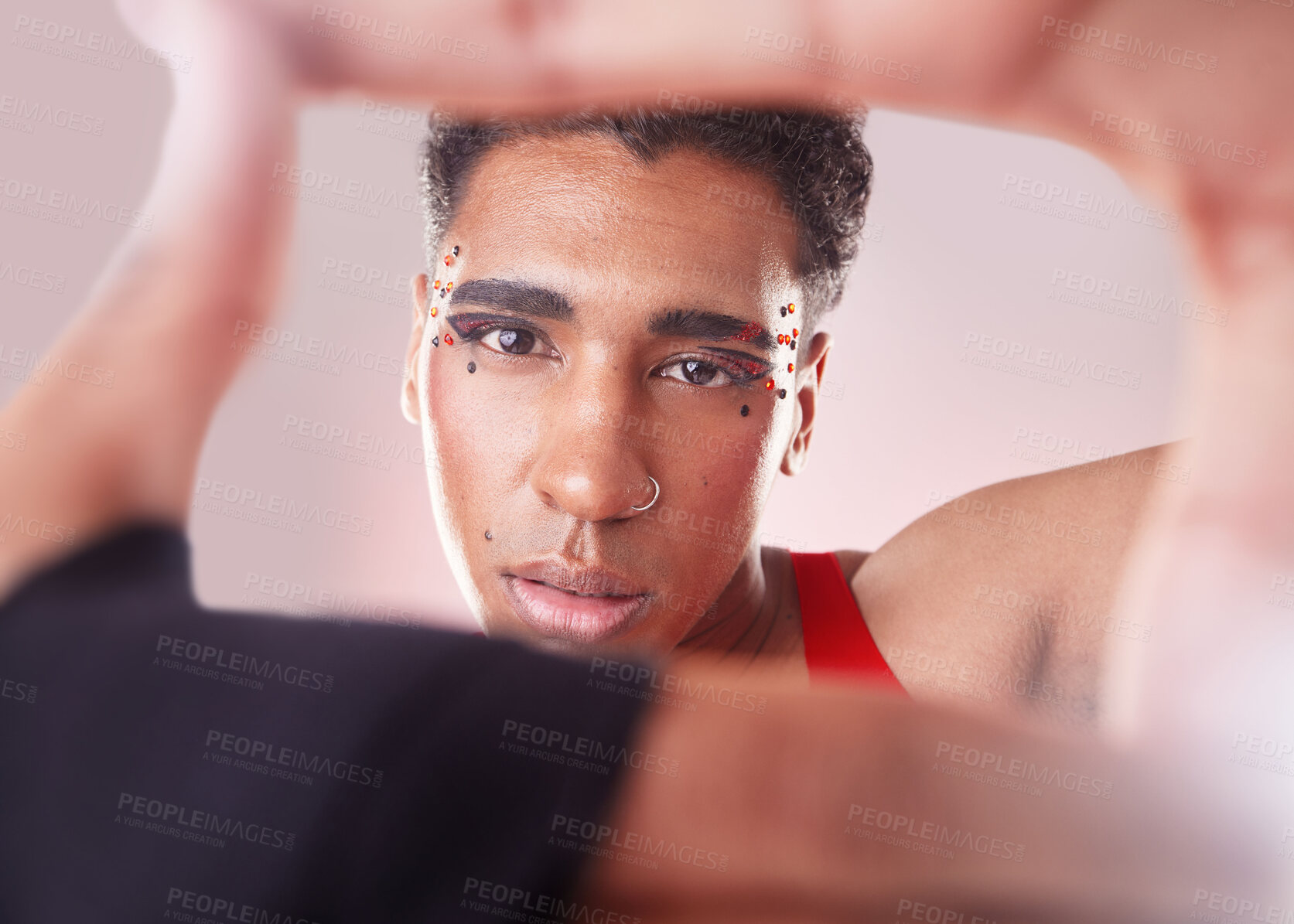 Buy stock photo Portrait, hands and frame with black man, aesthetic and confident guy against studio background. Face, queer person and male with framing for perspective, fashion or creative with makeup or cosmetics