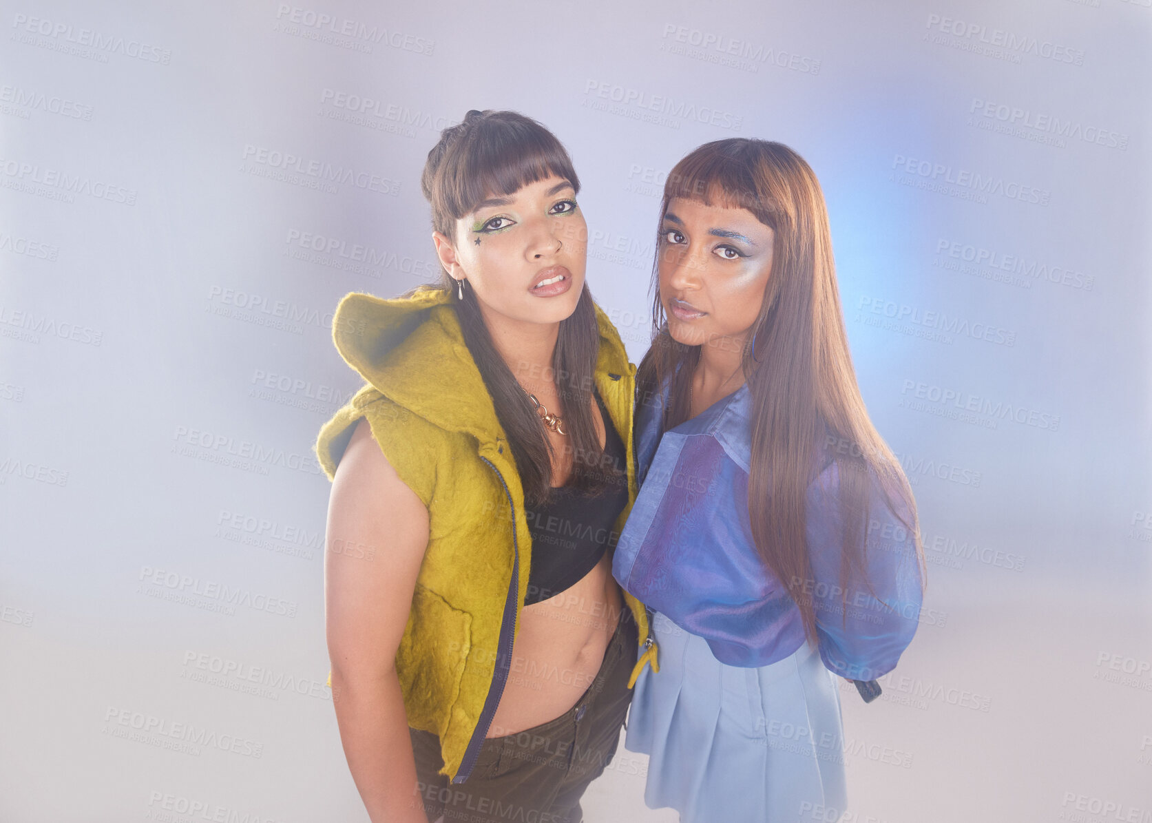 Buy stock photo Fashion, makeup and couple of friends portrait isolated on neon grey background in beauty punk, rock and hip hop. Cyberpunk, edgy cosmetics and dance team or diversity women in creative studio mockup