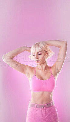 Buy stock photo Woman, fashion and mockup on pink background in studio for cyberpunk avatar. Aesthetic gen z model person thinking about beauty and futuristic style for art, fantasy or trendy pastel backdrop