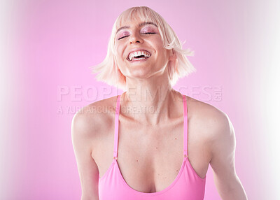 Buy stock photo Fashion, makeup and happy woman closed eyes in sportswear isolated against a studio pink background. Smile, fun and joyful model or gen z person laugh for funny joke in exercise, workout or fitness