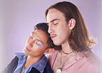 Cyberpunk, tired and gay couple sleeping in makeup isolated on a pink background in studio. Futuristic, lgbt freedom and men friends napping for fatigue, love and together on a bokeh backdrop