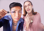 Man, gay and mascara makeup in studio with gen z friends, beauty and cosmetics for fashion by background. Lgbtq couple, cosmetic or portrait for vintage 80s aesthetic with support, solidarity or eyes