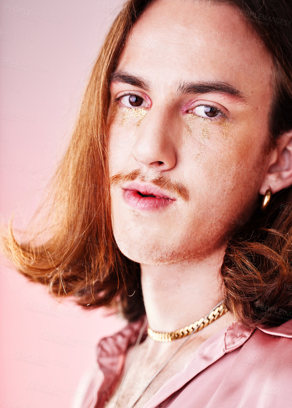 Buy stock photo Gen z, man and portrait with makeup and retro fashion with pink background in studio. Pop art aesthetic, creative cosmetics and hipster male model with vintage flower power style and lgbtq creativity