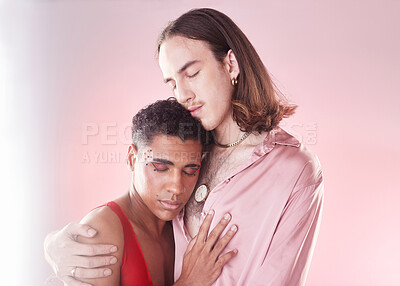 Buy stock photo Gay, beauty and lgbtq people hug isolated on studio pink background in glow, pastel and creative art aesthetic. Fashion, diversity and love, queer transgender couple of friends in makeup or cosmetics