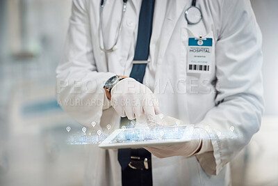 Buy stock photo Futuristic healthcare, hologram and doctor with tablet for patient data, medical care and research. Hospital mockup, 3d screen and health worker with digital tech for internet, network and telehealth