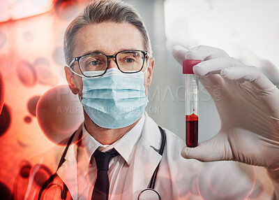 Buy stock photo Covid, doctor with mask and blood sample overlay for pathology, healthcare and virus testing in laboratory. Science, analytics and dna for medical research and vaccine manufacture, innovation in lab.