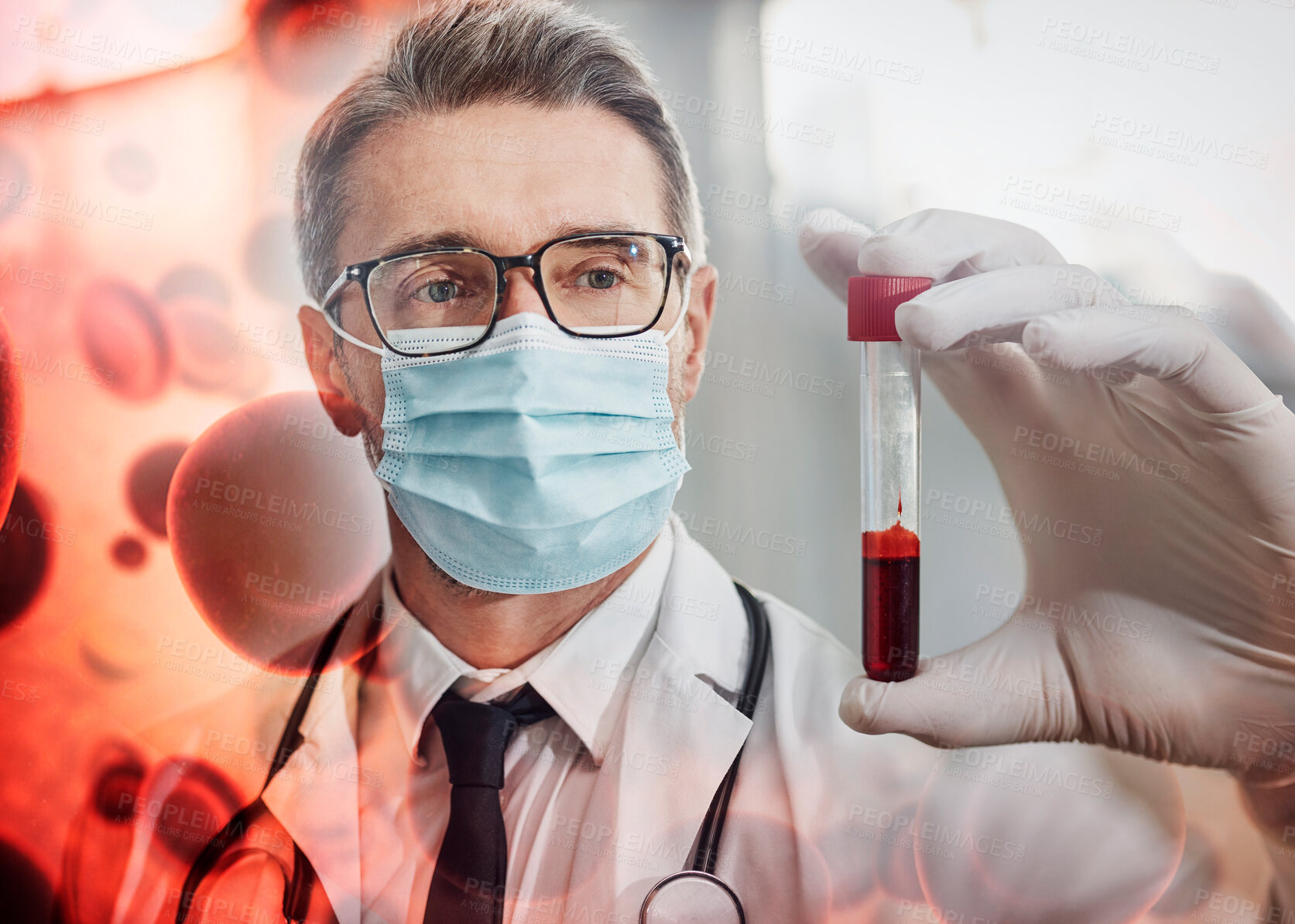 Buy stock photo Covid, doctor with mask and blood sample overlay for pathology, healthcare and virus testing in laboratory. Science, analytics and dna for medical research and vaccine manufacture, innovation in lab.