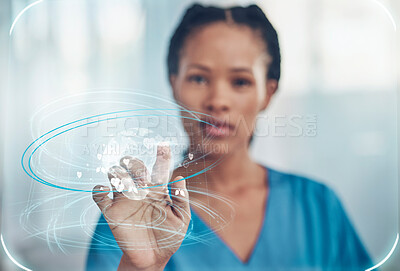 Buy stock photo Futuristic healthcare, nurse with hologram and black woman for wellness, medical care and global research. Digital mockup, 3d overlay and doctor hand for user interface, ai tech and telehealth system