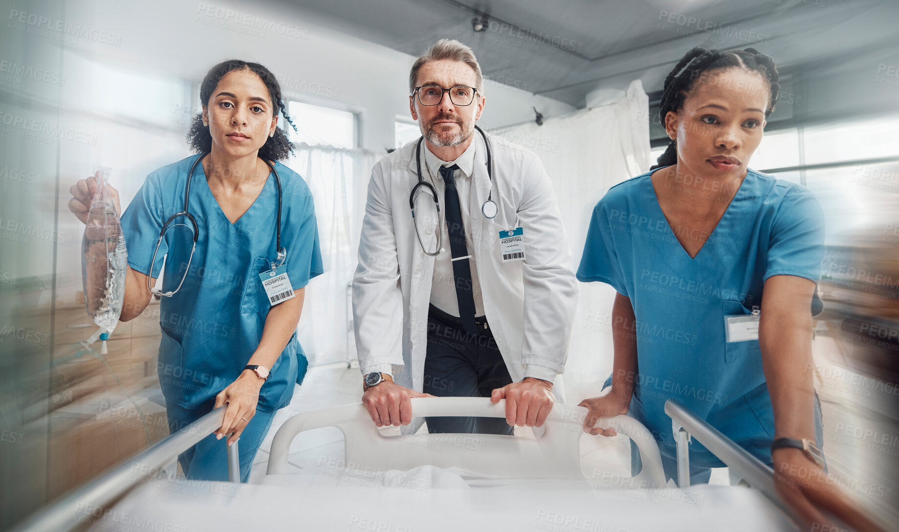 Buy stock photo Doctor, team and rush in healthcare emergency for surgery or operation in hurry pushing hospital bed. Senior medical expert rushing patient with nursing coworkers to intensive care or theatre clinic