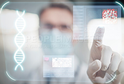 Buy stock photo Futuristic healthcare, hologram and hands of doctor for wellness app, medical abstract and research. Digital mockup, 3d overlay and health worker with user interface, ai screen and telehealth system