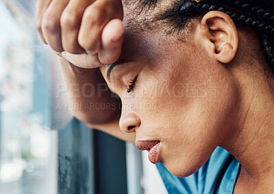 Buy stock photo Doctor, black woman stress or anxiety by window in hospital, workplace and tired in healthcare job, pain or headache. Burnout nurse, sad or exhausted in medical clinic or depression in health clinic