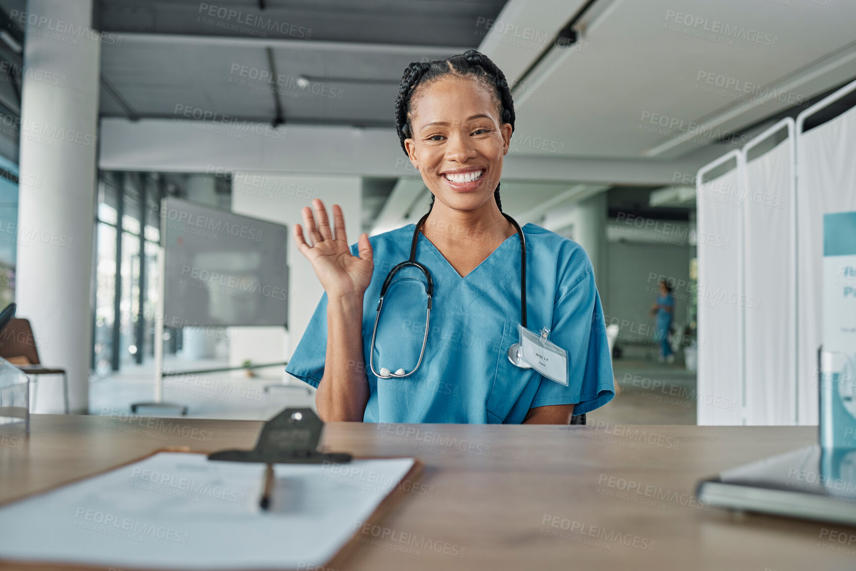 Buy stock photo Portrait, black woman and doctor greeting, hospital and smile with success, medicine development and confidence. Face, African American female and medical professional with wave, healthcare and happy