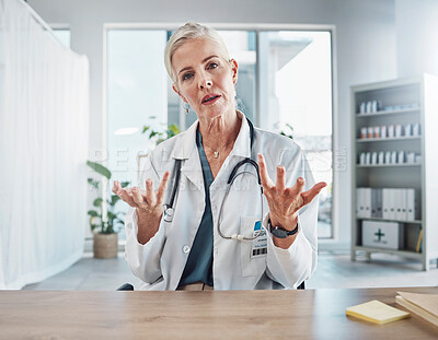 Buy stock photo Senior woman, doctor and video call in hospital for online consultation and telehealth. Portrait, healthcare and female medical physician consulting or asking question in virtual meeting for wellness