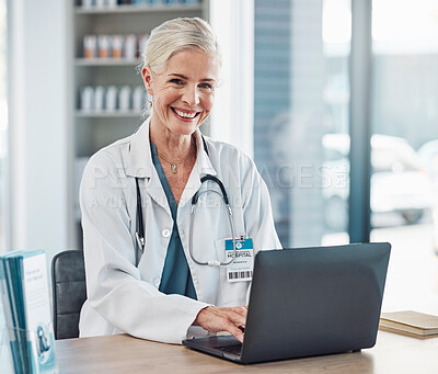 Healthcare, laptop and portrait of senior woman doctor in hospital office planning and research in medical work. Health, wellness and medicine, confident mature professional with stethoscope at desk.