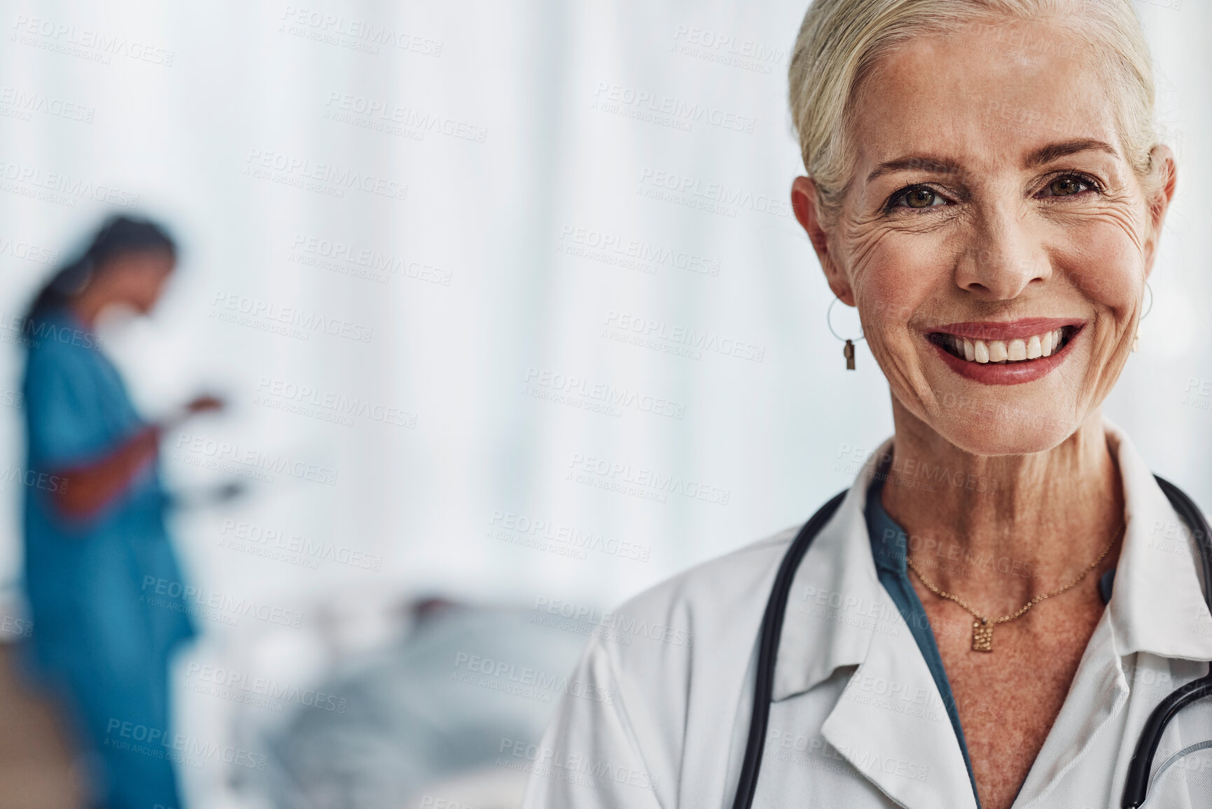 Buy stock photo Healthcare, smile and portrait of senior woman doctor in hospital with confidence and success in medical work. Health, medicine and face of confident mature professional with stethoscope and mockup.