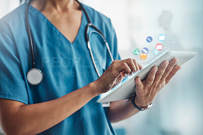 Buy stock photo Doctor, hands and tablet in healthcare research, mobile app or software icons for innovation or communication at clinic. Hand of medical expert, nurse or specialist on touchscreen for medicare search